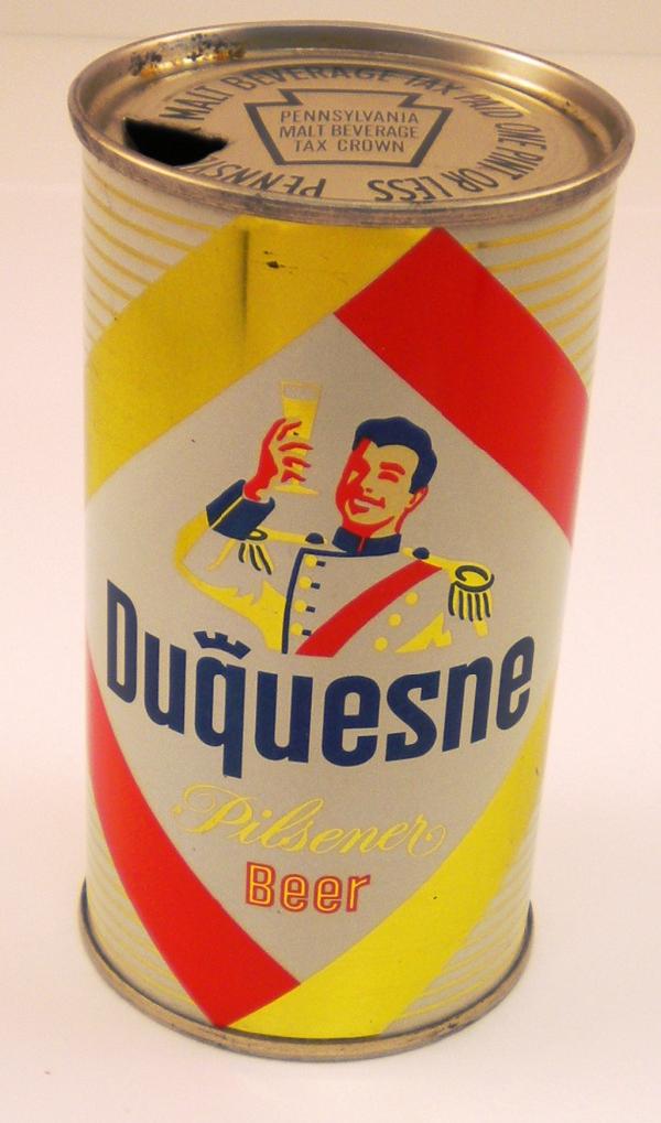 Duquesne Pilsner Beer Flat Top Can - PA Tax Lid: Duquesne Brewing Company of Pittsburgh, Pennsylvania. 12 Fluid Ounce Can, Pennsylvania Malt Beverage Tax Lid.