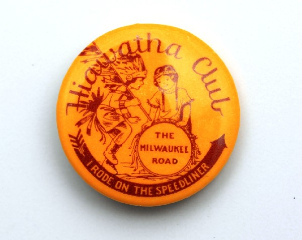 Milwaukee Road R.R. Hiawatha Club Pinback Button: 1 1/4" celluloid pinback button from Milwaukee Road Railroad, Hiawatha Club. Has full back paper.
