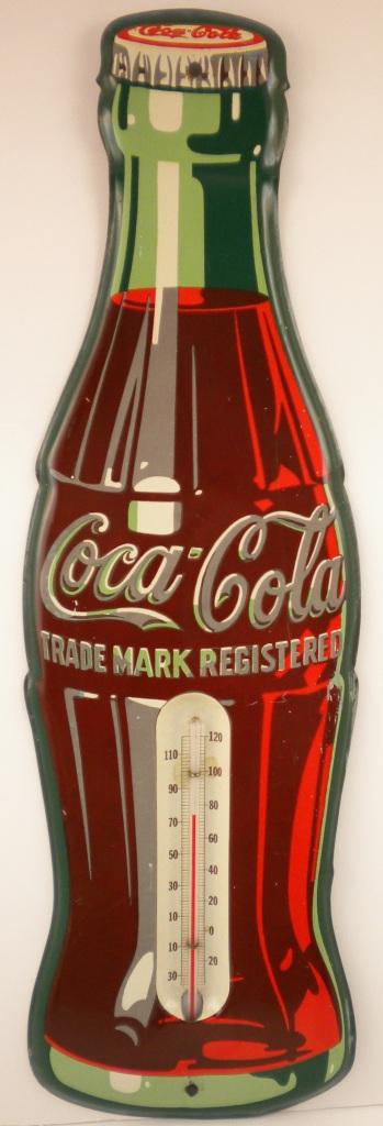 Vintage Coca-Cola Thermometer: Late 40s early 50s bottle shaped thermometer. Original glass, appears to keep correct temperature. Size is 5 1/4" x 17"