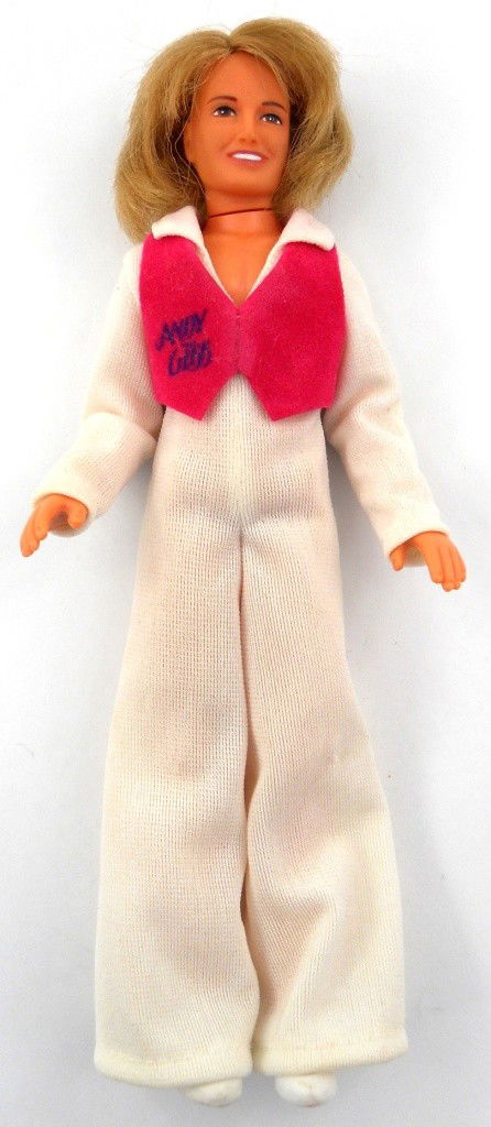 Ideal 1979 Andy Gibb Disco Doll: For you disco fans, here is an Andy Gibb Disco Dancing Doll by Ideal Toy Corporation, produced in 1979. Andy is the younger brother of the Bee Gees; the doll features a white jumpsuit and a pink vest