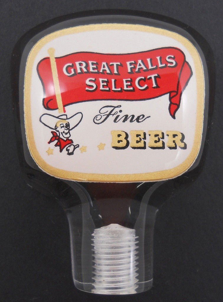 Great Falls Select Beer Tap Handle: Big Sky Country collectors take note! This clear lucite tap handle is for Great Falls Select Fine Beer from Great Falls, Montana. The image on the handle features a neat cowboy with their flag logo. T