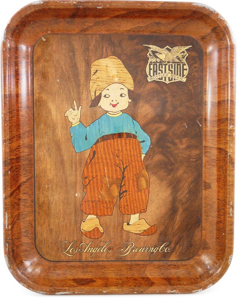 Los Angeles Brewing Co. Beer Tray: A cute Los Angeles Brewing Co. beer tray advertising Eastside Bottled Beer. It has an image of a Little Dutch Boy "Jan" in wooden shoes, along with an eagle in a shield -- the Eastside logo. "American