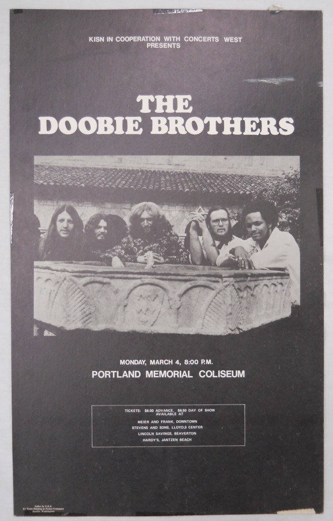 1974 Doobie Brothers Concert Poster - Portland, Ore: Portlanders and concert buffs, check this out. It is a poster from a Doobie Brothers concert held March 4, 1974 at the Memorial Coliseum in Portland, Oregon, presented by KISN Radio with Concerts West