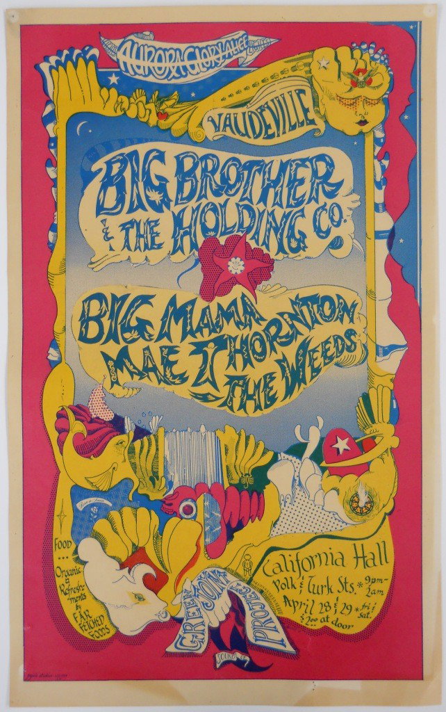 1967 Big Brother & The Holding Company Concert Post: This poster is for a concert that was held at California Hall April 28-29, 1967. Presented by Pyxis Studios, the performers were Big Brother & The Holding Company, Big Mama Mae Thornton and The Weeds.