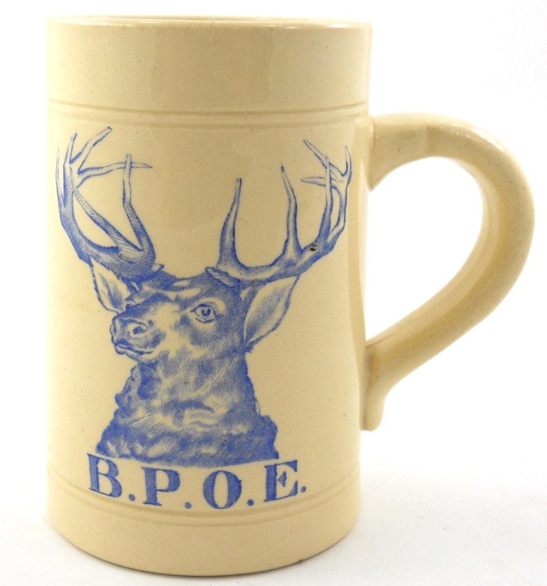Olympia Beer & B.P.O.E. Pre-Prohibition Beer Mug: This is the first time we have seen this pre-Prohibition era beer mug! The great blue design really stands out on the cream body. One side features the Elks logo and above "B.P.O.E.", the reverse side