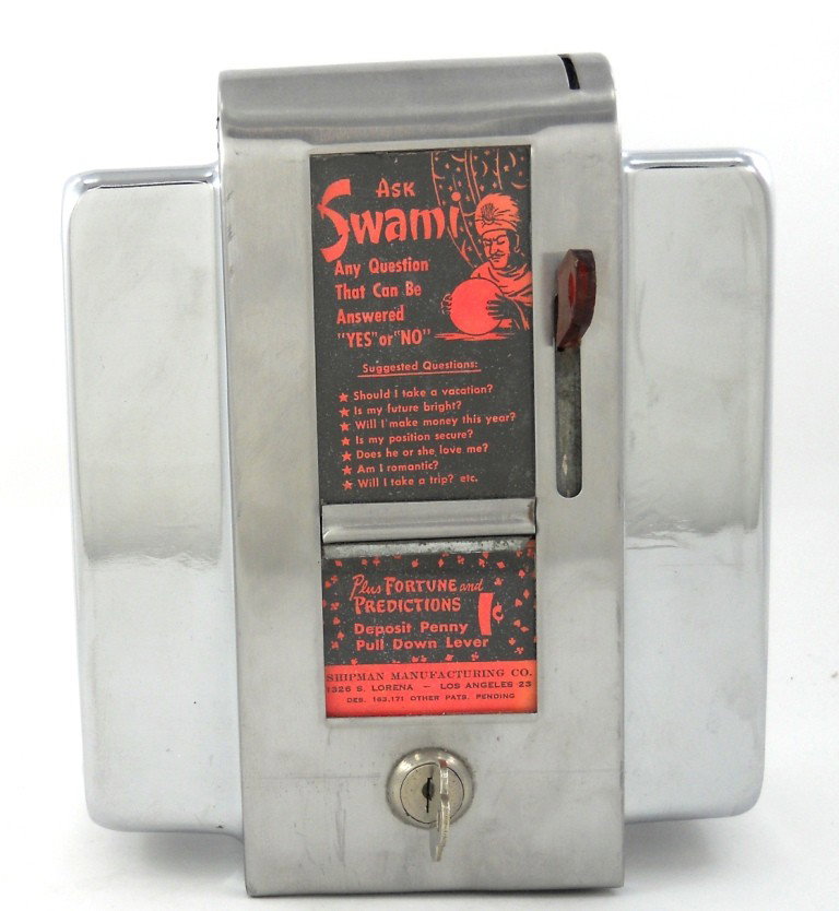 Vintage Swami Fortune Teller Napkin Dispenser: Everything on this fun piece is original! The front of the napkin holder has a window advertising Swami and showing the options you have with your penny. The chrome is nicer than we have ever seen, an