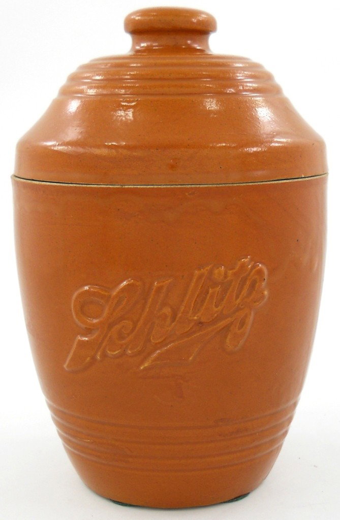 Pre-Prohibition Era Schlitz Malt Container: We've come to another highlight of the breweriana items in this auction... a pottery malt jar from Schlitz. Before and during prohibition many brewers were looking for other things to produce since th
