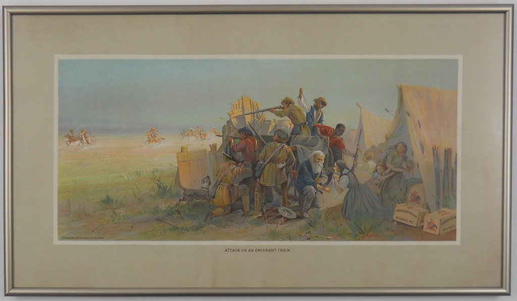 Framed Anheuser-Busch 1912 Litho Art Print: This is an original 1912 lithograph advertising sign made for and copyrighted by Anheuser-Busch Brewing company, the makers of Budweiser beer. This is one of five photos that make up a set that Bernin
