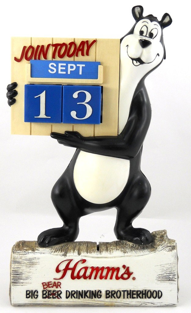 Hamm's Bear Calendar and Bank: This is a plastic Hamm's Bear calendar and bank advertising Hamm's Big Bear Drinking Brotherhood, manufactured by Display Corp., Milwaukee, Wisconsin. The numbers are original but along the way the ca