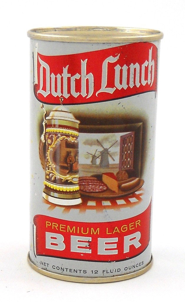 Dutch Lunch Flat-Top Beer Can: This is a 12-ounce flat-top can from Grace Bros. Brewing Co. of Santa Rosa, California for Dutch Lunch Premium Lager Beer. This is a clean indoor can with new lids and a couple of scuffs.