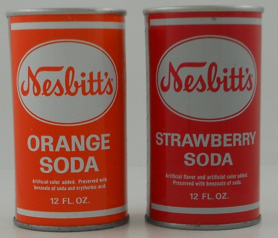 Nesbitt's Strawberry & Orange Soda Cans: This is a pair of 12 ounce pull-tab soda cans from Nesbitt Food Products and canned by Noel Canning Corp. of Yakima, Washington. They are Nesbitt's Strawberry Soda & Nesbitt's Orange Soda. These are b
