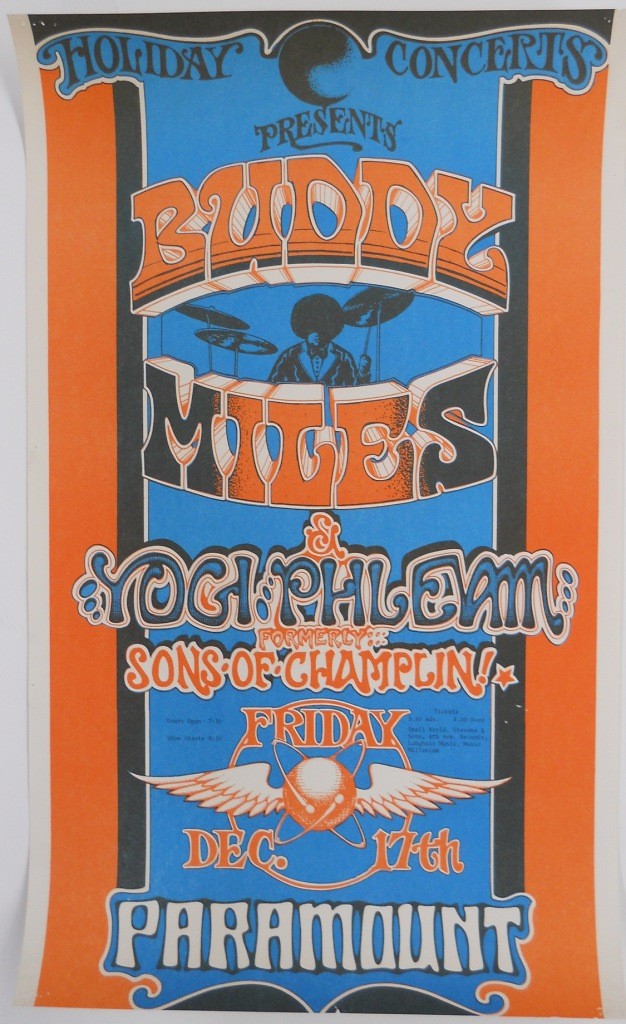 1971 Buddy Miles Concert Poster: This is a poster for Buddy Miles with Yogi Phlem, formerly "Sons of Champlin" opening. Presented by Holiday Concerts, and held on Friday, December 17, 1971 at the Paramount in Portland, Oregon. This i