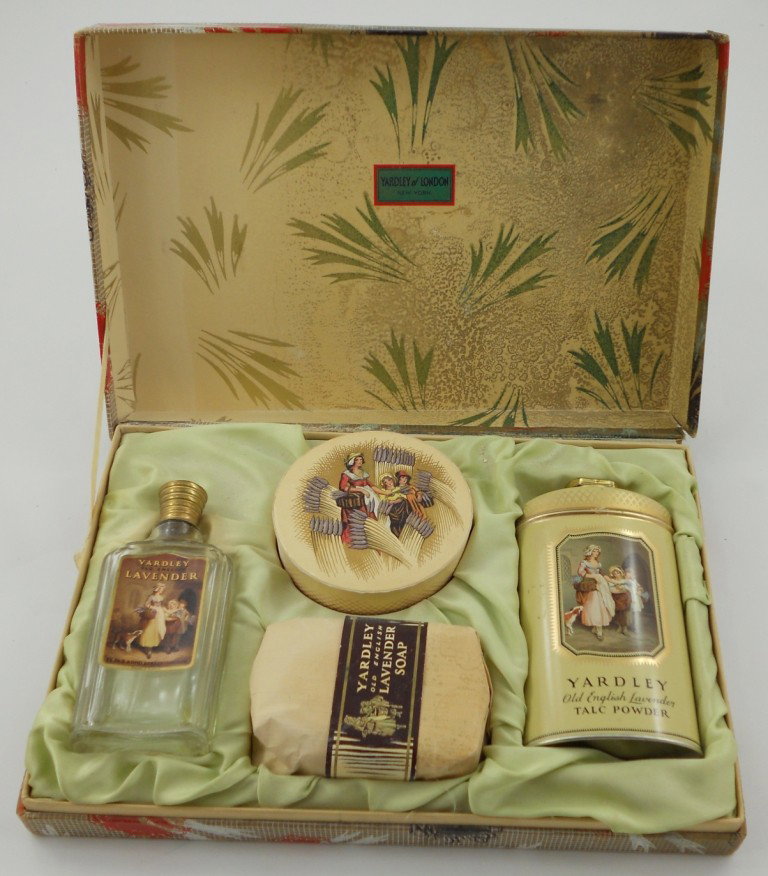 Vintage Boxed Yardley Lavender Set: Perfect for someone's dressing table...this is a nice old set of different lavender products by Yardley of London. It consists of four items plus its original lined box. The four items are a fine meta