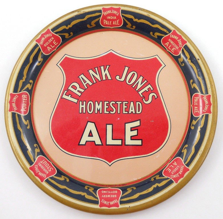 Pre-Prohibition Frank Jones Tip Tray: This is a multi-logo pre-Prohibition litho tip tray from Frank Jones Brewing Co, of Portsmouth, New Hampshire, made by Kaufmann & Strauss Co. The tray advertises several different ales, stouts and por