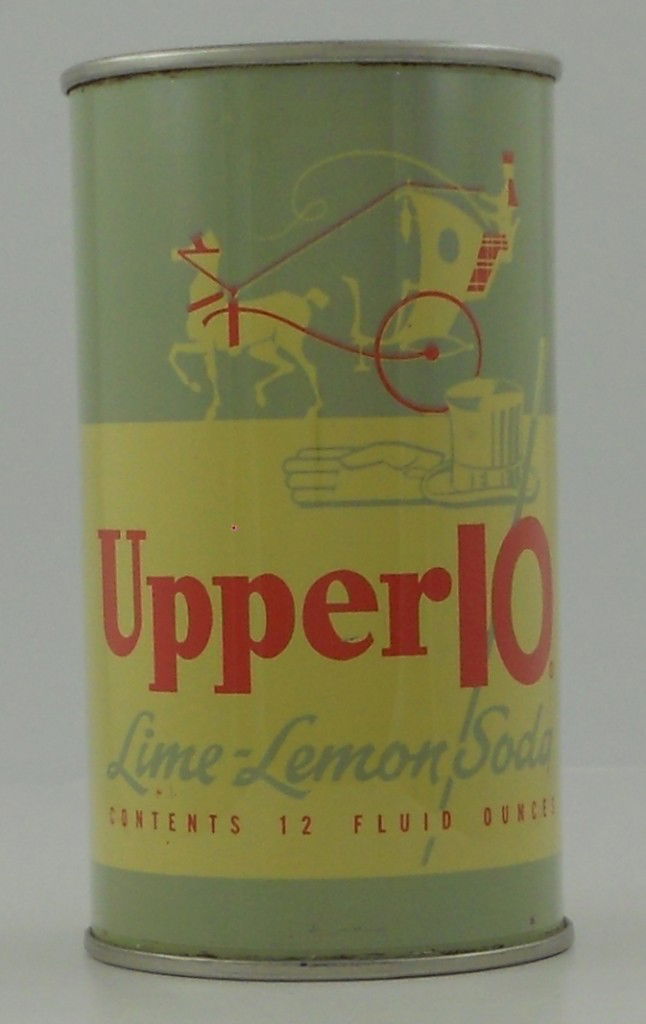 Upper 10 Lemon - Lime Soda Flat Top Can: Here is an indoor 12-ounce flat-top soda can for Upper 10 Lemon - Lime Soda, manufactured under the authority of the NEHI Corporation in Columbus, Georgia. This is a clean indoor can with new lids and