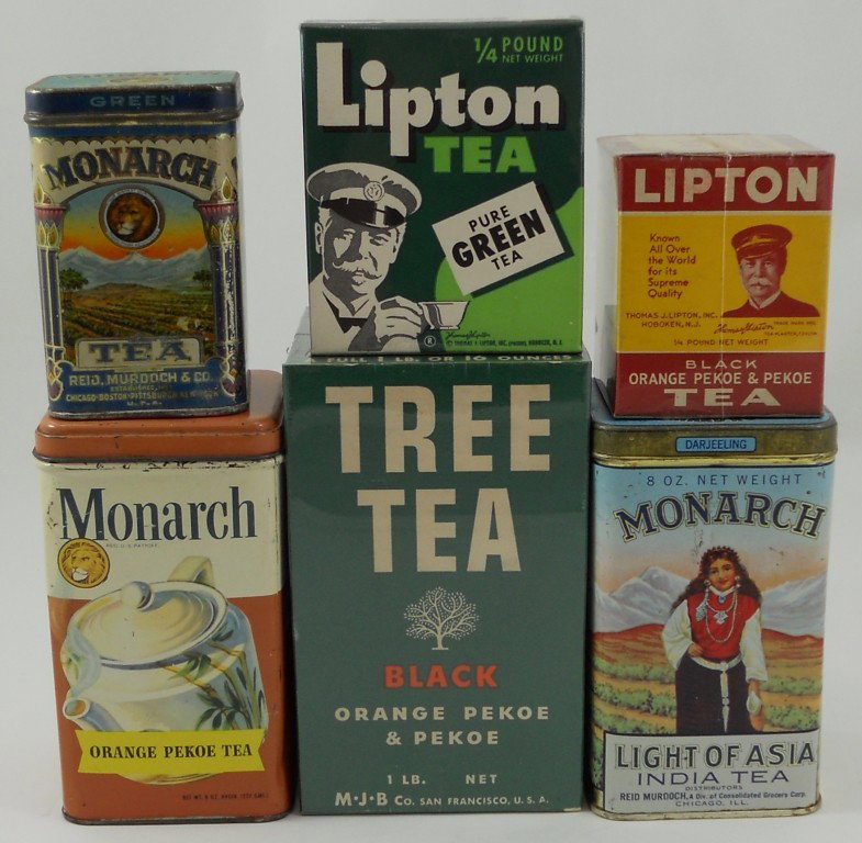 6 Tea Containers: Create an instant collection of colorful tea containers -- three tins and three boxes. The three Monarch Tea containers are tin litho; the other three are full boxes that are in pristine condition...t