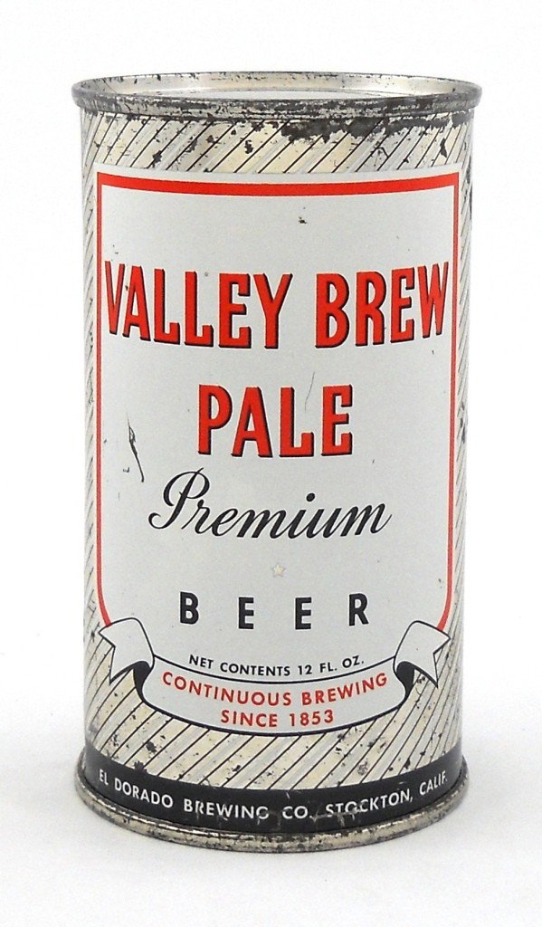 Valley Brew Pale Premium Beer Flat Top Can: This is a 12-ounce Valley Brew Pale Premium Beer flat top can from El Dorado Brewing Co. of Stockton, California. There are a few minor spots to the silver that are hard to see; otherwise this is a ve
