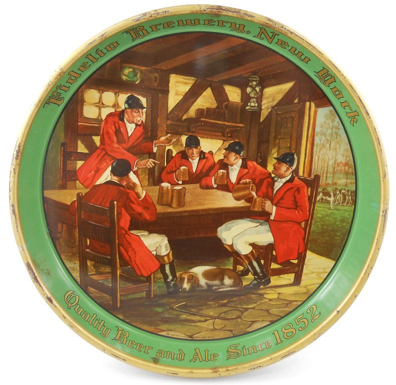 Fidelio Brewery Beer Tray - New York: This is a 1930s beer tray from the Fidelio Brewery in New York, New York. The image features hunters sharing a beer either before or after a hunt, with one lucky dog who was able to come inside while 