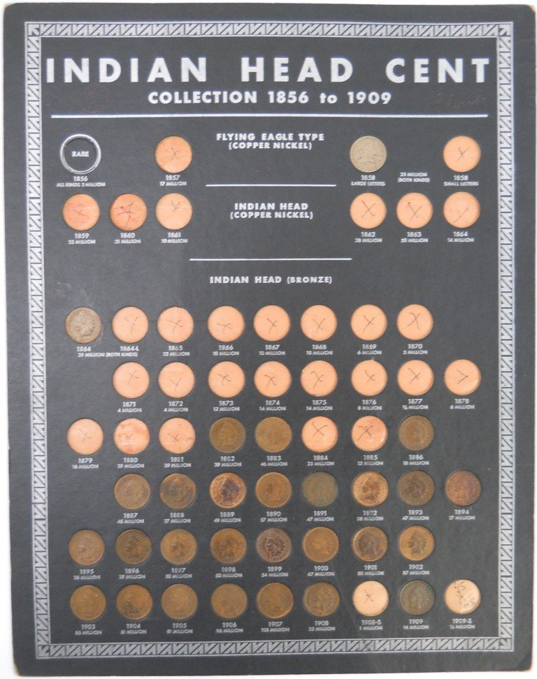 28 Different Indian Head Cents with 1938 Holder: This is a 1938 Whitman Publishing Co. coin board holding 28 different Indian Head Cents. This was before Whitman had the familiar blue books you see now days. This lot has an 1858 Flying Eagle cent an