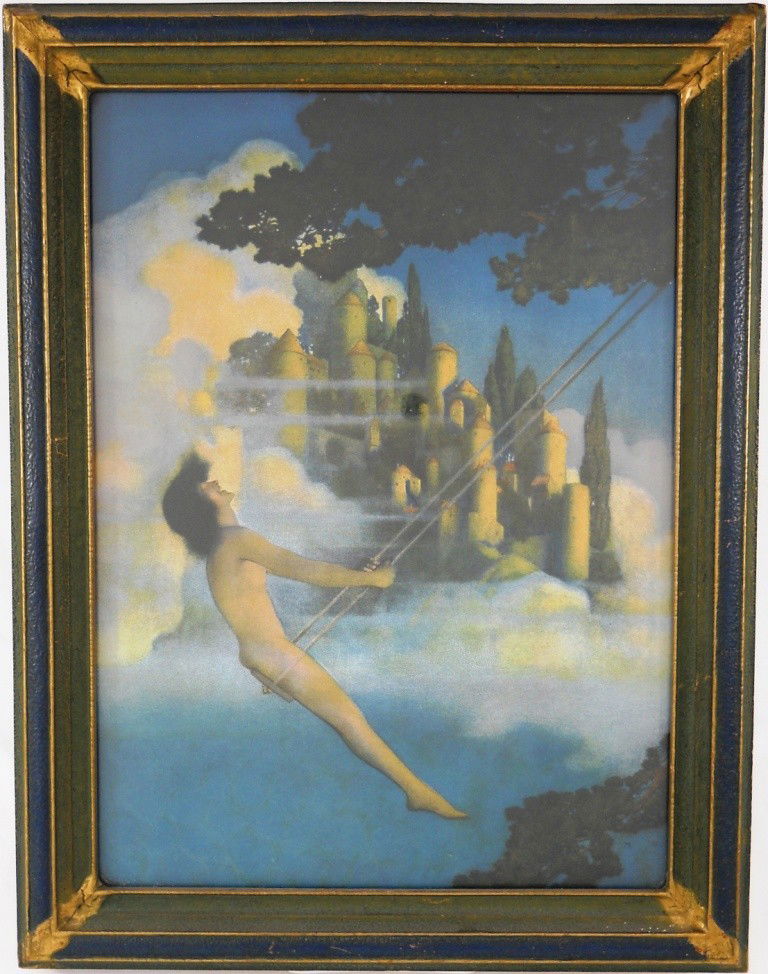 Maxfield Parrish Print: Print is 10 1/2" x 14 1/2", frame is 13 5/8" x 17 5/8". This is a print by Maxfield Parrish titled "Dinkey Bird". It features a naked man swinging gleefully from a tree with clouds surrounding him, al