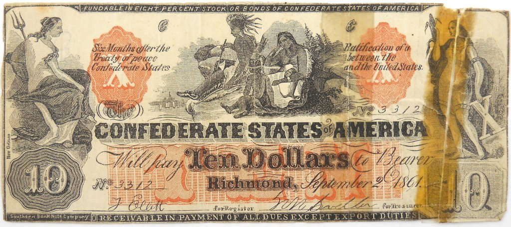 Confederate States of America Currency - T-22 Note: This is a hard to find original Civil War Era currency dated September 2, 1861 - No. 3312. This is the third issue and only 58, 860 of these were issued. The front features Indians and other figures a