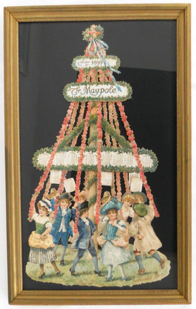 1899 Die Cut Tuck Victorian Maypole Calendar: Die cut calendar depicting children around a maypole. Framed, under glass. All 12 months show for the year 1899. Raphael Tuck & Sons, London. Designed at the studios in England and printed in Saxony.