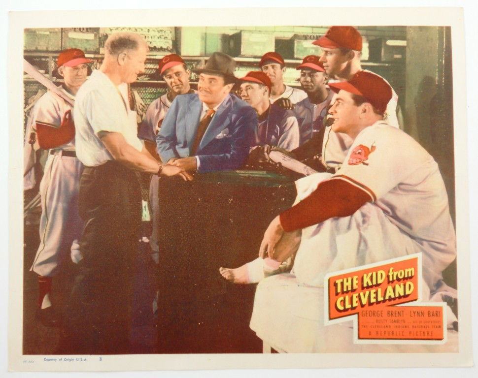 Lobby Card #3 "The Kid from Cleveland": This card shows players in the locker room. All I recognize are Bill Veeck (Hall of Fame), George Brent, and Satchel Paige (Hall of Fame). I'm sure there are more I just can't identify them. Like New.