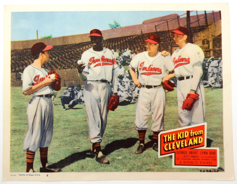 Lobby card #8 "The Kid from Cleveland": This is card #8 from the movie "The Kid from Cleveland". The 3 ball players from left to right are Satchel Paige (Hall of Fame), Roberto Auila, and Bob Feller (Hall of Fame). Like New no tack holes, b