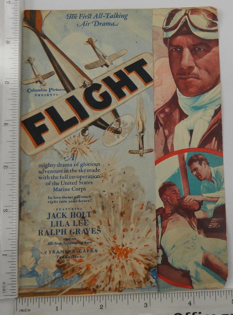 Original 1929 'Flight' Movie Herald: This is billed as "the first all-talking air drama." Starring Jack Holt and produced by Frank A. Capra, 'Flight' was released in 1929 by Columbia Pictures. Approx. size closed is 4 1/2" x 6".