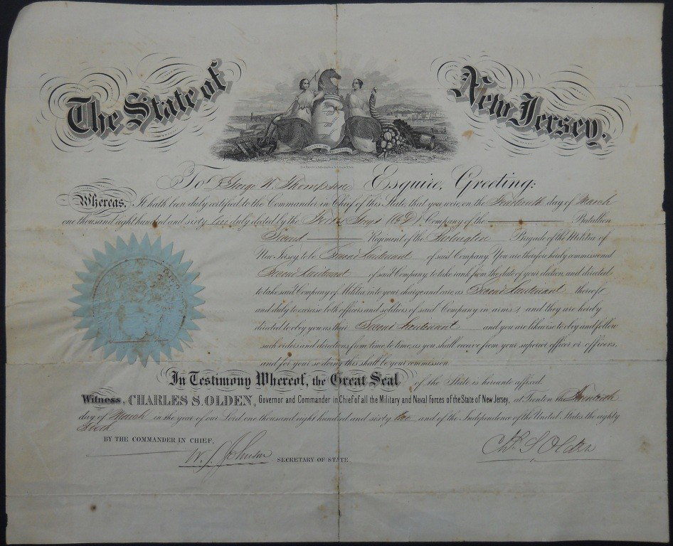 Civil War Era Certificate Appointing 2nd Lieutenan: This is a Civil War era certificate signed by New Jersey Governor Charles S. Olden appointing George W. Thompson 2nd Lieutenant in the Second Regiment of the Burlington Brigade of the Militia of New J