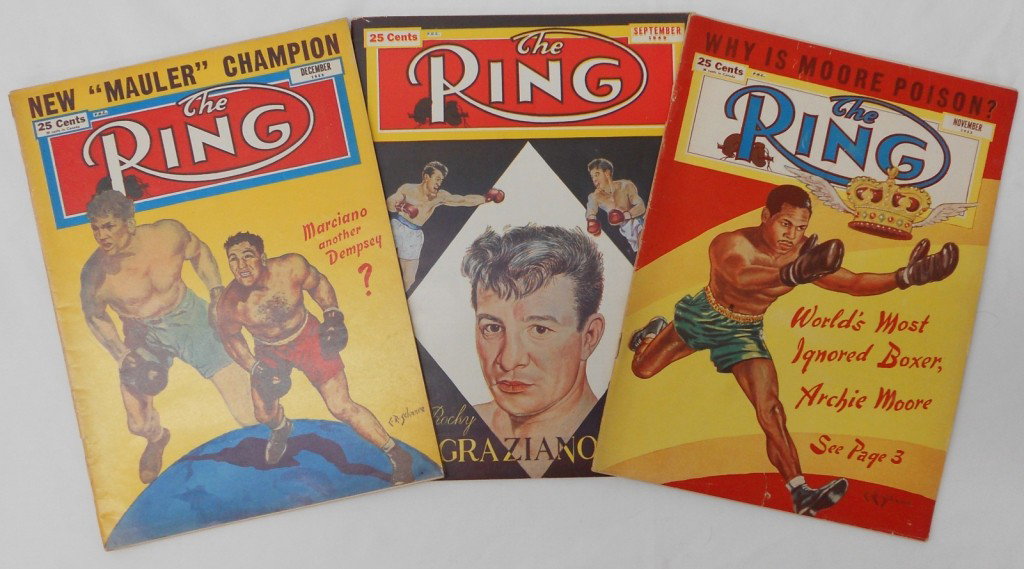 1949 and 1952 The Ring Boxing Magazine: 3 different issues of "The Ring" a boxing magazine. They feature Rocky Marciano, Rocky Graziano and Archie Moore on the covers. All the covers are artist signed. The magazines are complete and in grea