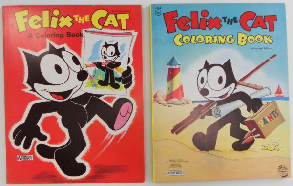 2 Unused Felix the Cat Coloring Books: Here are 2 Felix the Cat coloring books published in 1959 by Saalfield and copyrighted by King Features Syndicate. The blue book is a little thicker - more pages - than the red one. In like new condit