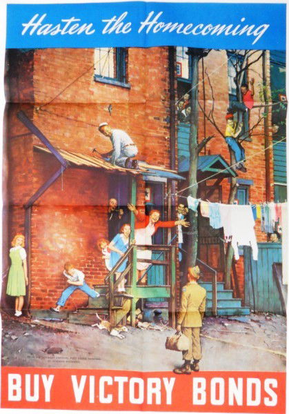 WWII Bond Poster by Norman Rockwell: This "Buy Victory Bonds" poster was taken from the Saturday Evening Post cover painting by Normal Rockwell. It is called "Hasten the Homecoming." For more information read the description on lot #53 a