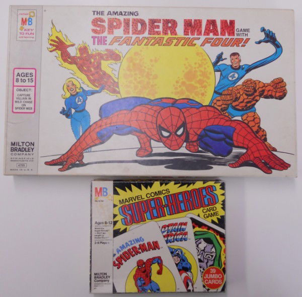 Two 1970s Milton Bradley Super Hero Board Games: The first game is a Spider-Man game made by Milton Bradley in 1977. It doesn't look like it has ever been played with, as all the pieces aren't punched out. It is complete, no box tears, with the boar