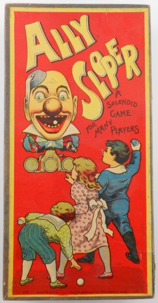 1907 Milton Bradley Alley Slooper Game: This game is #4110 and is called "Ally Slooper" copyright 1907 by Milton Bradley Co. The game is billed as "a splendid game for many players." The directions say, "stand box on table or hang on the wa