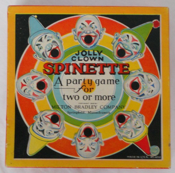 1932 Milton Bradley Game: This game is called "Jolly Clown Spinette" A party game for two or more. The Graphics are Just Fantastic; the cover on the box is the same as the game itself. The box is bright with No damage, as is t