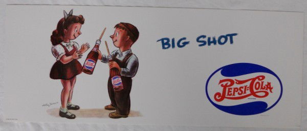 Pepsi Cola Bus Sign: This auction is for a lithographed Pepsi Cola "Big Shot" bus sign from the 1940's. It has a young boy and girl both holding a paper label double-dot Pepsi bottle, by the girls left leg it is artist si