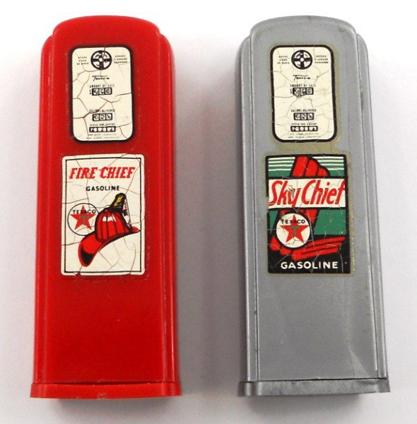Texaco Salt & Pepper Shakers: This is a pair of Texaco Sky Chief & Fire Chief salt & pepper shakers in the shape of Gas Pumps. The back of one is marked "Monk's Texaco Service Sta. M.E. Shelman Bonners Ferry, Idaho". These are in