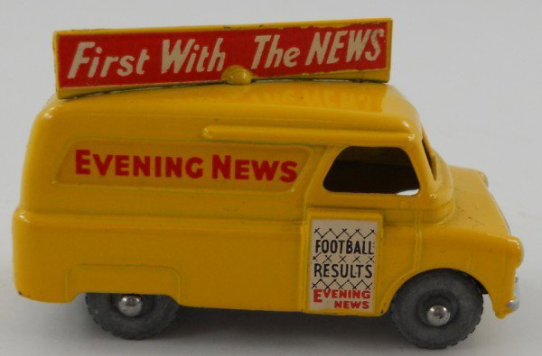 Lesney Matchbox Bedford Evening News Van #42: This original grey-wheeled Matchbox Evening News Van has great paint including the silver on the headlights and grill that is still bright; the decals on the doors are close to perfect. There are some