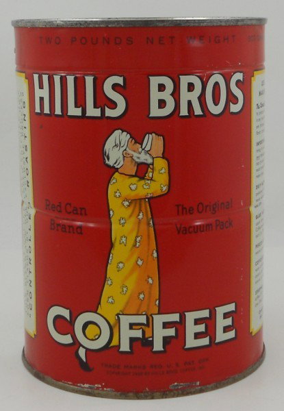Hills Bros Two-Pound Key-Wind Coffee Can - UNOPENE: This is a FULL unopened two-pound key-wind coffee can for Hills Bros Coffee. It is from Hills Bros Inc. of San Francisco. There are a few case nicks along the bottom rim. This can has great colors and