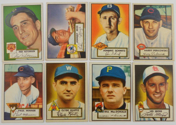 Lot of 8 Different 1952 Topps Baseball cards: These 1952 tops cards are from what is considered the most innovative set of baseball cards of its day. The backs are numbered and have the player's vitals. You are bidding on all eight cards as a sin
