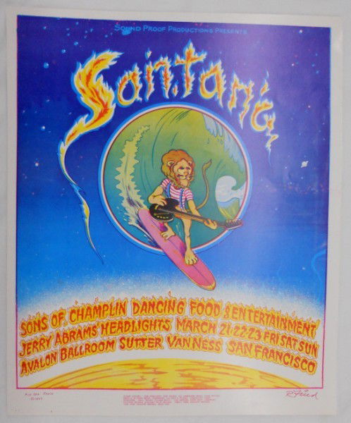 1969 Santana Concert Poster,Avalon Ballroom - San: A surfing lion highlights this poster for a Santana concert at the Avalon Ballroom in San Francisco on three different nights: March 21-22-32, 1969. Also performing was The Sons of Champlin. The poste