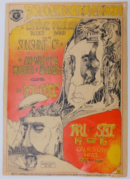 1967 California Hall Steve Miller Poster: This poster is for a concert held at the California Hall on July 14th & 15th, 1967. The California Hall was a small venue that competed with shows at the Fillmore and the Avalon. Big Brother and the H