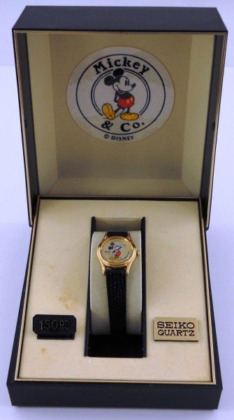 Seiko Quartz Mickey Mouse Ladies watch: Seiko Quartz Mickey Mouse watch, most likely from the 80's. Has all original packaging and has never been worn. This is a small ladies or a child's watch. We had a new battery installed and the watch