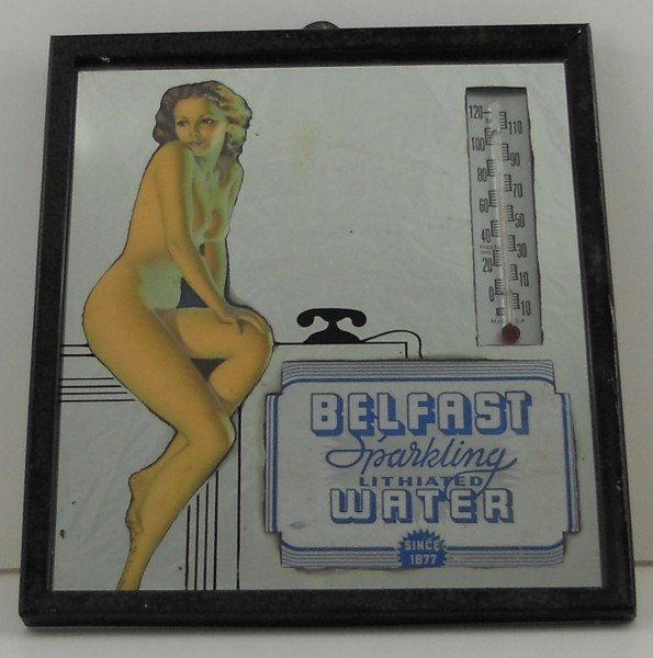 Belfast Lithiated Sparkling Water Mirror with Ther: This is an old advertising mirror with thermometer from Belfast Soda & Water Company of San Francisco, California. From the pin-up style and the phone on the mirror it looks like it is from the 1930's