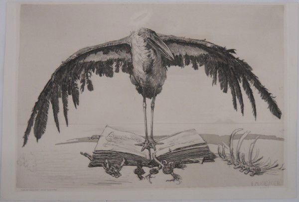 "The Marabou Stork" by Geyger Ernst Moritz: "The Marabou Stork" by Geyger Ernst Moritz, a German sculptor, painter and etcher (1861-1941). He is regarded as a representative of the Berlin school of sculpture. Photogravure, signed on plate "E. M
