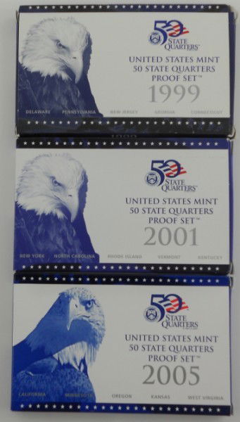 1999 - 2001 & 2005 U.S. Proof Quarter Sets: This is a lot of three [3] different United States Quarter Proof Sets. You will receive a 1999 - 2001 & 2005 set. Each Proof set comes in its original mint packaging, which does show signs of wear and