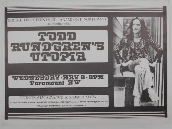 Todd Rundgren's Utopia 1974 Portland, Oregon Conce: This is an original 1974 concert poster for a concert by Todd Rundgren's Utopia held May 8th, 1974 in Portland, Oregon at the Paramount. Double-Tee Presents produced the concert. The poster was printe