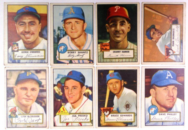 Lot of 8 Different 1952 Topps Baseball cards: These 1952 tops cards are from what is considered the most innovative set of baseball cards of its day. The backs are numbered and have the player's vitals. You are bidding on all eight cards as a sin