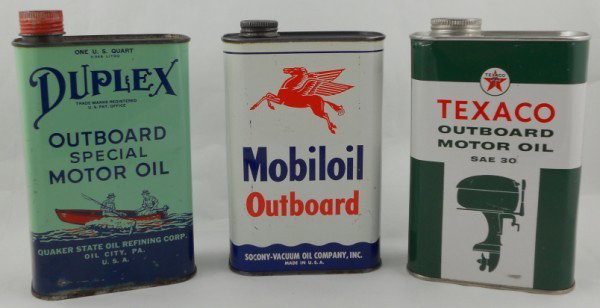 3 Outboard Oil Cans: Three different Outboard Oil Cans. The first one is a great looking Texaco, the second is a Mobil with Pegasus and the third is a duplex from Quaker State. This has a little damage at the very bottom